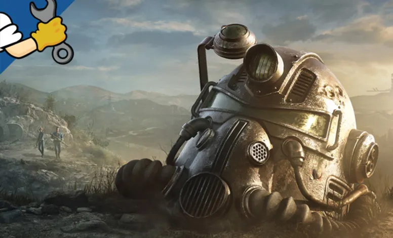 Casco de servoarmadura tendido en el suelo del yermo.